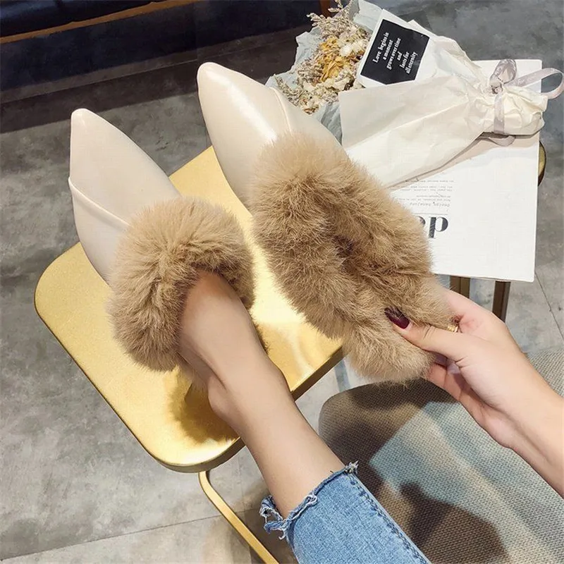 

Real Animal Fur Slides Slippers Women Lady Natural Rabbit Mules Flip Flops Female Fluffy Fur Indoor Sandals Plush Shoes mules