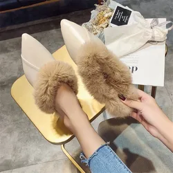 Real Animal Fur Slides Slippers Women Lady Natural Rabbit Mules Flip Flops Female Fluffy Fur Indoor Sandals Plush Shoes mules