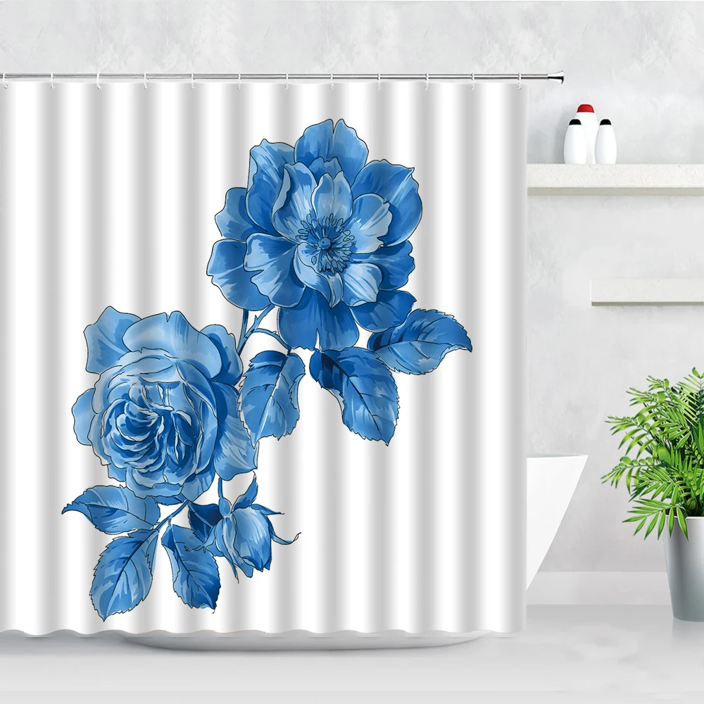 Floral Shower Curtain Sets Blue Flowers Peony Leaf Hand Painted Art Natural Waterproof Fabric Bathroom Decor Hooks Bath Curtains