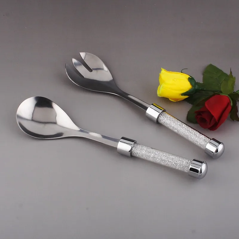 2pcs Stainless Steel Salad Spoon & Fork Shining Crystal Rhinestone Salad Servers Silver Dessert Dinnerware Rose Cutlery Kitchen