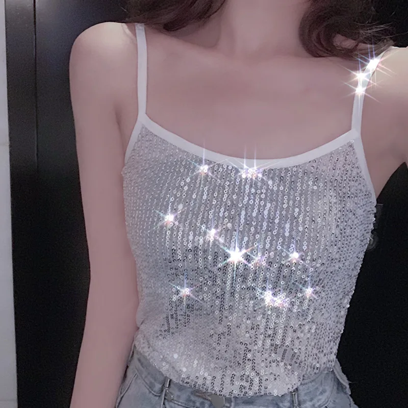 Shinning Elasticity Sequins Camis Tops Girls 2020 Summer Sexy Fashion Sleeveless Tshirts Tanks For Women Available Stock