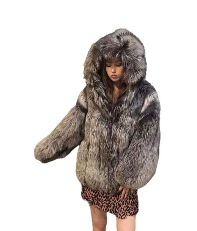 

Winter New Luxury Faux Silver Fox Fur Coat Women Hooded Front Zipper Furry Warm Winter Faux Fur Jacket Office Lady Fur Coats