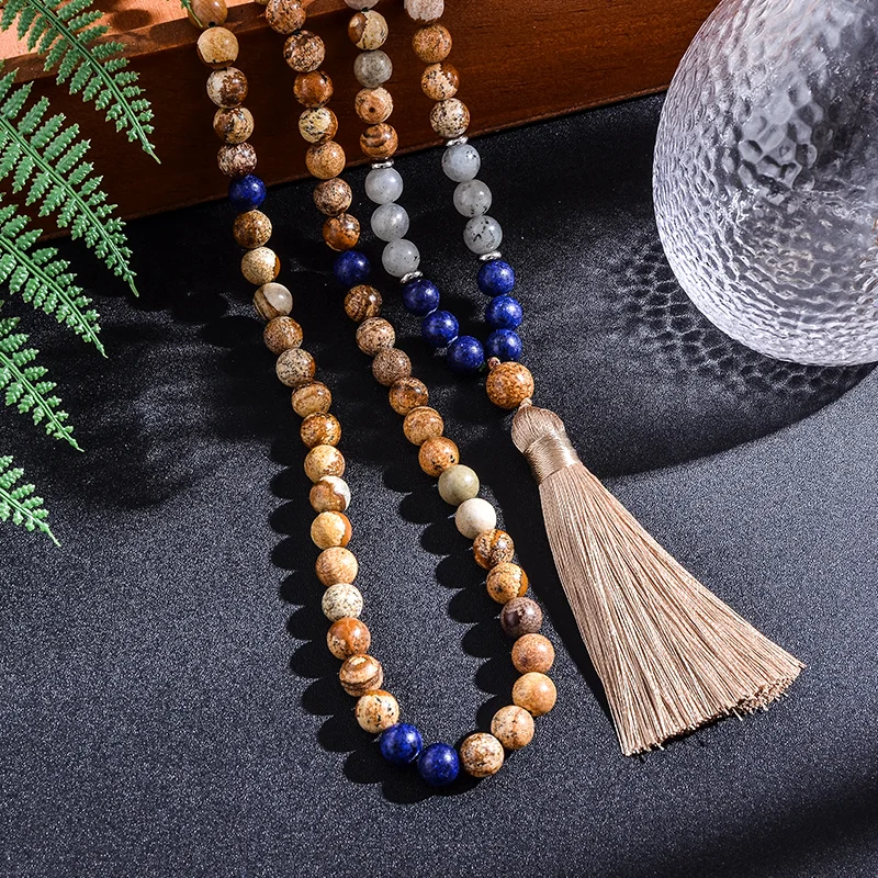 8mm Picture Jasper Lapis Lazuli Labradorite Japamala Beaded Necklace Meditation Yoga Women Jewelry 108 Mala Rosary