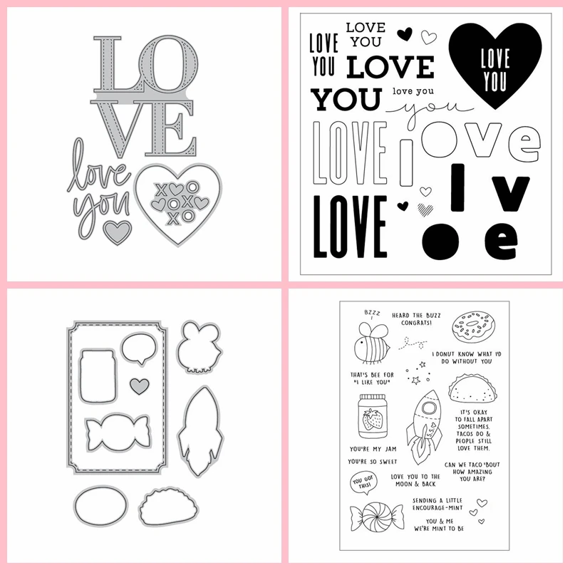 

Metal Cutting Dies Match Clear Silicone Stamps Love You Letter Words Alphabet Candy Rocket Cake Pie Sentence Scrapbook Cards Hot