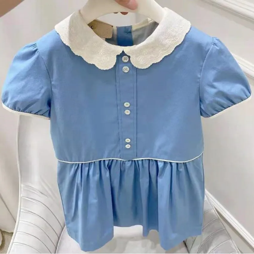 Baby girl summer preppy style blue princess dress kids puff sleeve cotton stitching peter pan collar dress