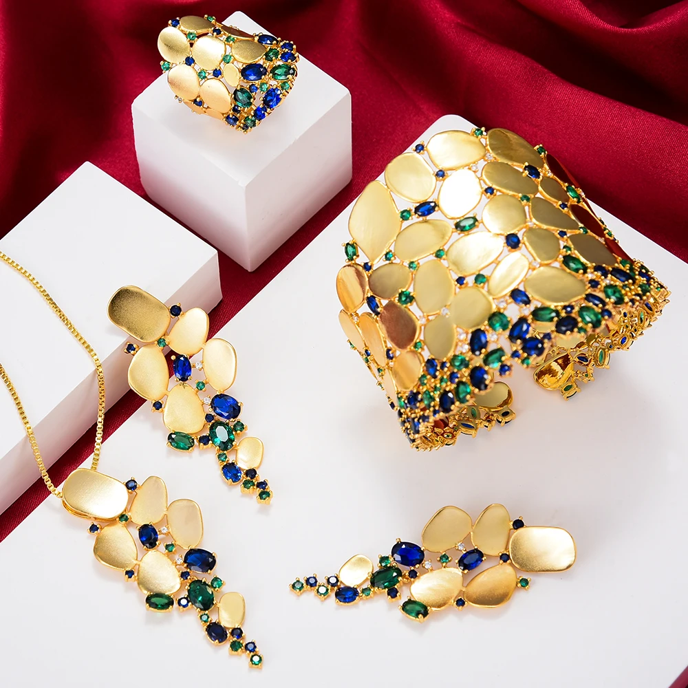 

KellyBola Luxury Gold Wide Necklack Bangle Earrings Ring Set African Women Bride Wedding Party Fashion Exquisite Jewelry 2021