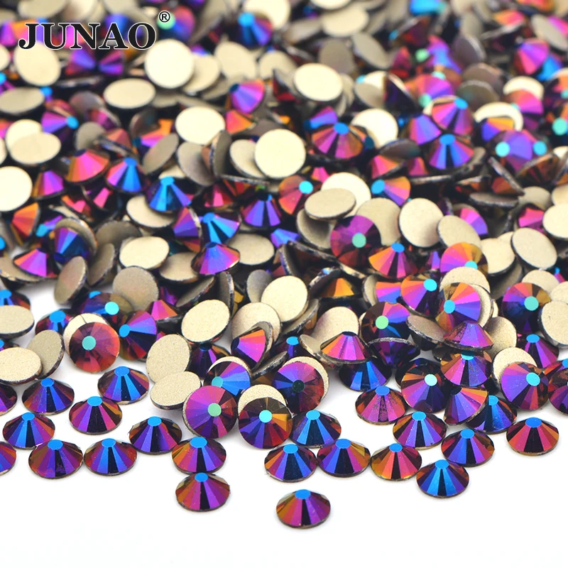 JUNAO ss6 ss8 ss12 ss16 ss20 Black Crystal Flatback Nail Art Rhinestones Round Glass Stones Glue On Nail Beads AB Strass Crystal