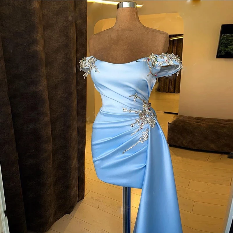 Robes de cocktail bleu ciel, robe de Rhsirène, robe courte brillante, fête de soirée, sur mesure, hors des perles initiées