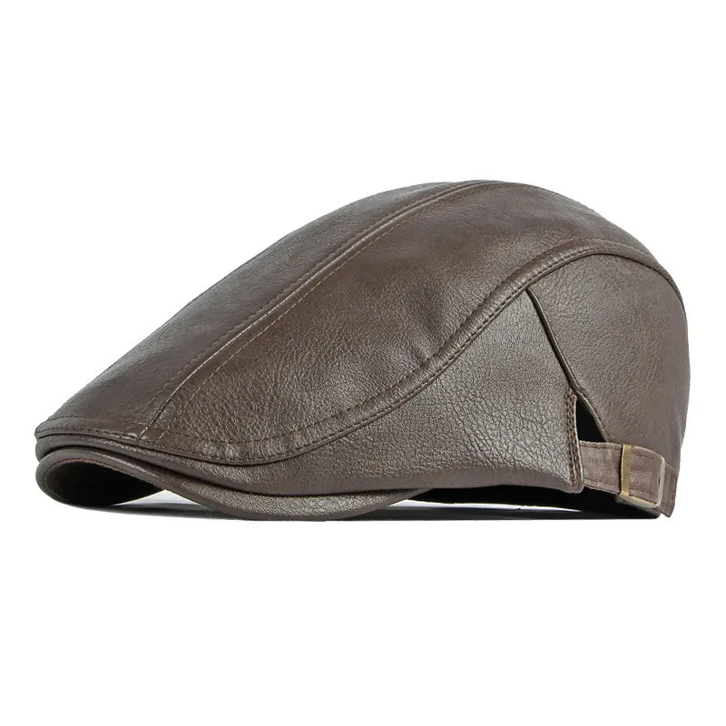 Autumn Winter Pu Solid Color Newsboy Caps Flat Peaked Cap Men and Women Painter Beret Hats 35