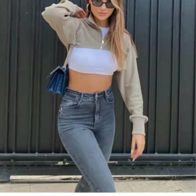 Korean fashion sweatshirts sexy long sleeve top cropped zip up hoodie women vintage sweatshirt cute crop hoodie women streetwear