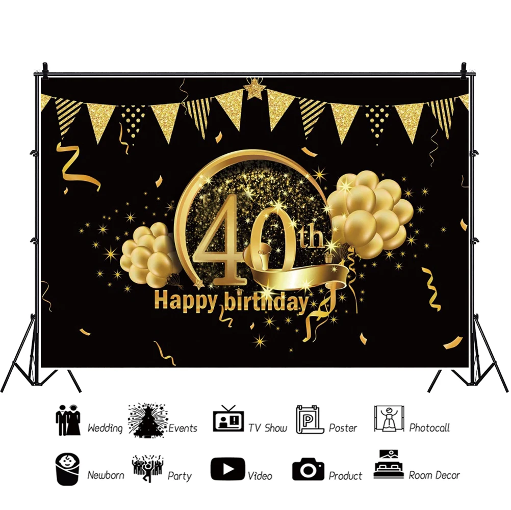 Laeacco-Fondo de fotografía para Celebración de 40 cumpleaños, telón de fondo con globos dorados, brillos, póster, retrato personalizado