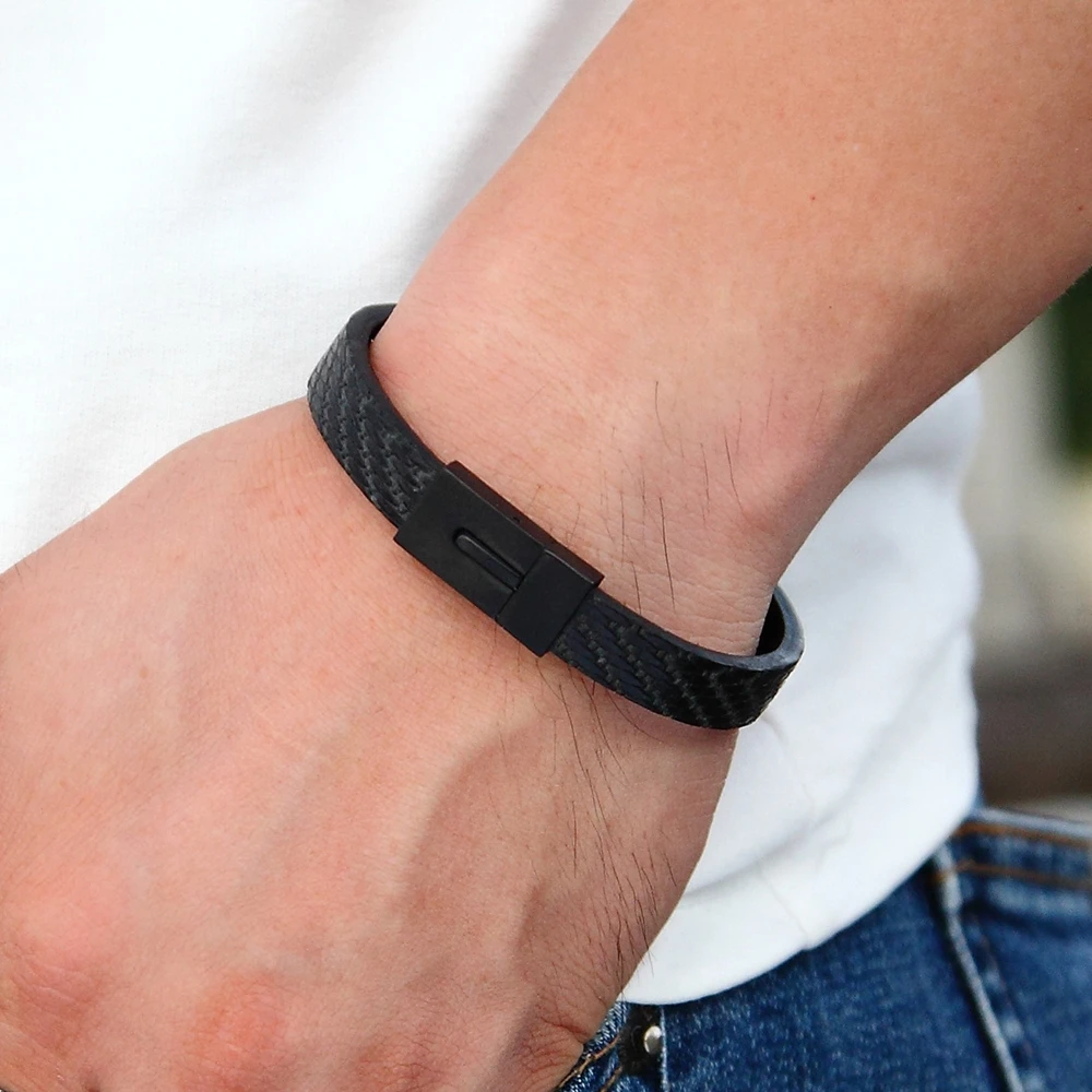 XQNI Classic Simple Style Leather Texture Stainless Steel Push Button Men\'s Leather Bracelet Handsome Boy Special Gift Discount
