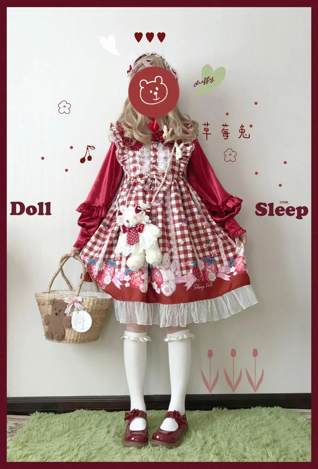 Konijn Aardbei Plaid Gedrukt Retro Jurk Strik Leuke Printing Hoge Taille Prinses Victoriaanse Jurk Kawaii Meisje Gothic Lolita