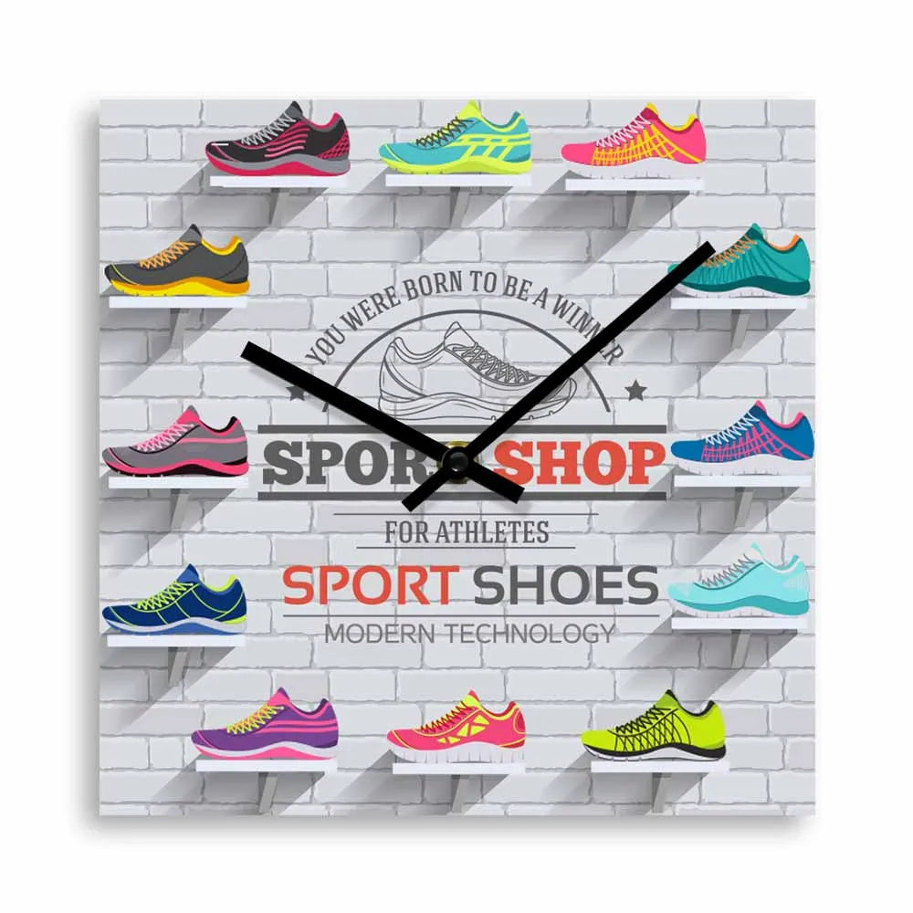 Sports Shoes Sneakers Square Wall Clock Shoes Shop Décor Quiet Movement Wall Watch Mancave Art Clock Athletes Shoemaker Gift