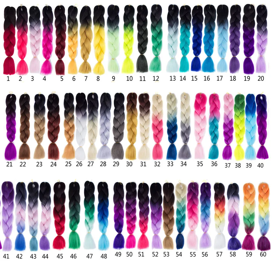 Extensiones de cabello trenzado sintético ombré para mujer, trenzas Jumbo, 24 pulgadas, 100g, dos tonos, Color rosa, negro, azul, venta al por mayor