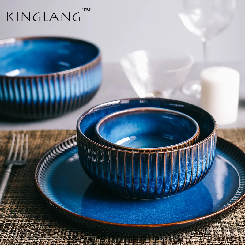 KINGLANG Ceramic Deep Blue Dinner Set Porcelain Tableware Set for 2/4 person Use Bowl Dish