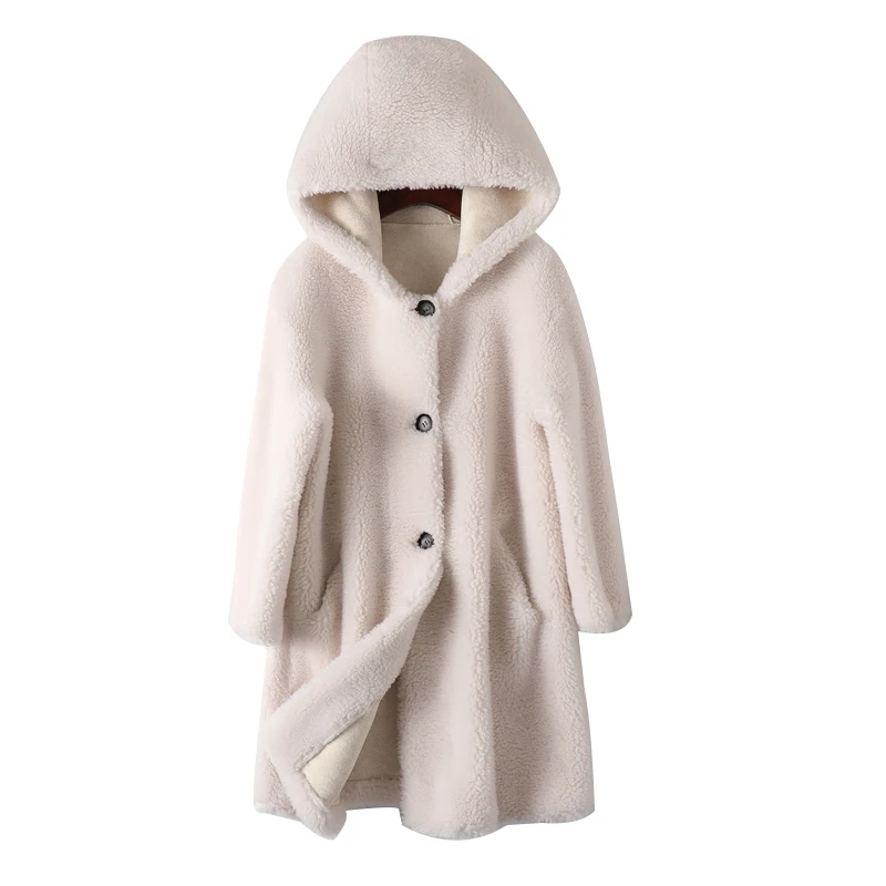 Donne inverno nuovo cappotto di pelliccia di agnello femminile coreano con cappuccio granulo tosatura giacca allentata di media lunghezza capispalla calda signore H1693