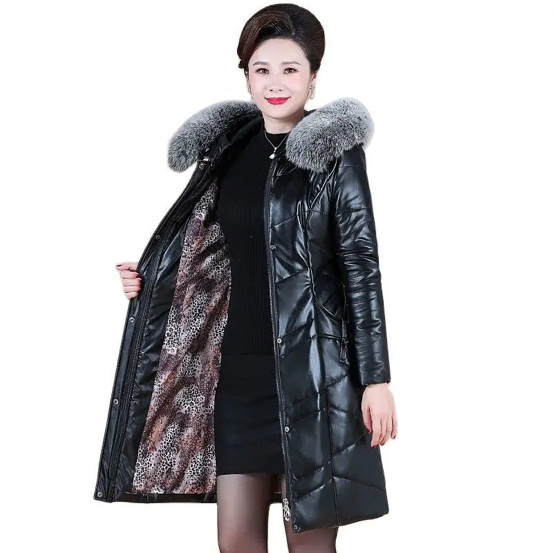 2022 New Winter Pu leather Parka Women Down Cotton Jacket Fur Collar Coat Female Thicken Warm Mid Long OuterwearR1674[blackl]