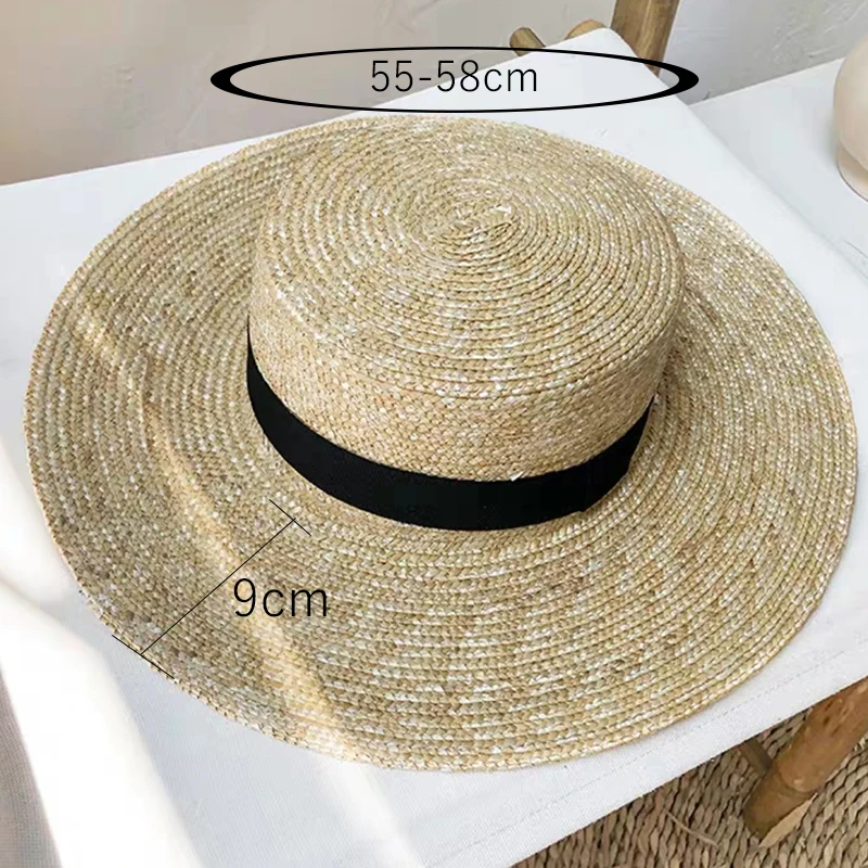 New Women Natural Wheat Straw Hat Ribbon Tie 9cm Brim Boater Hat Derby Beach Sun Hat Cap Lady Summer Wide Brim Protect Hats