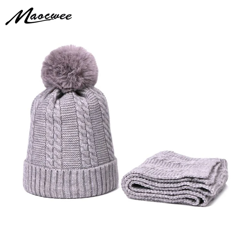 Winter Autumn Children Hat And Scarf Set With Faux Fur PomPons Outdoor Thick Windproof Knitted Cute Beanies With Lining For Kids