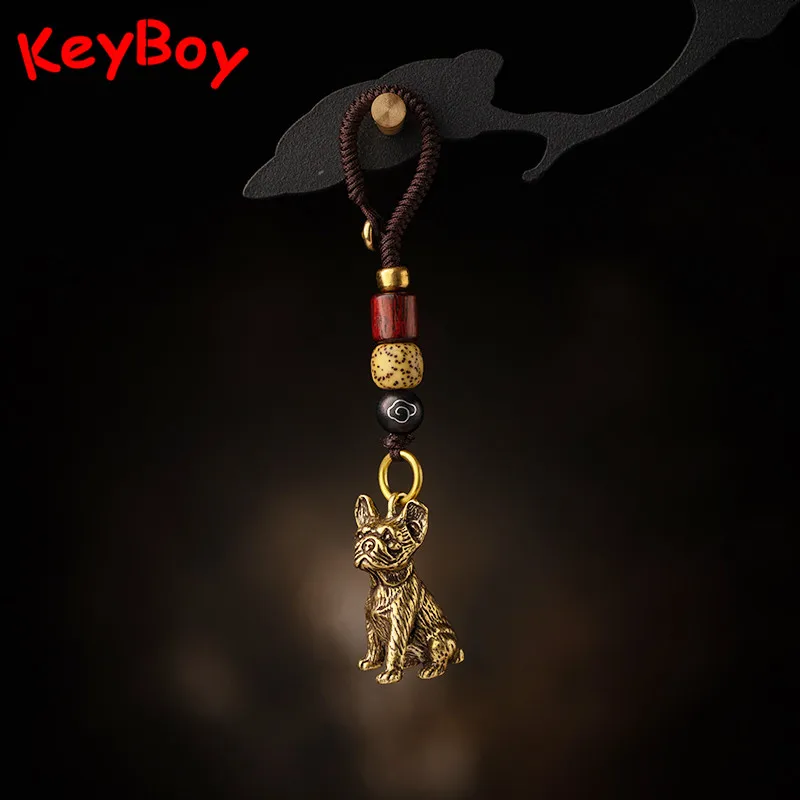 Solid Brass Pug Dog Keychain Pendant Handmade Rope French Bulldog Animal Key Chain Hanging Lanyard Jewelry Friends Keyring Gifts