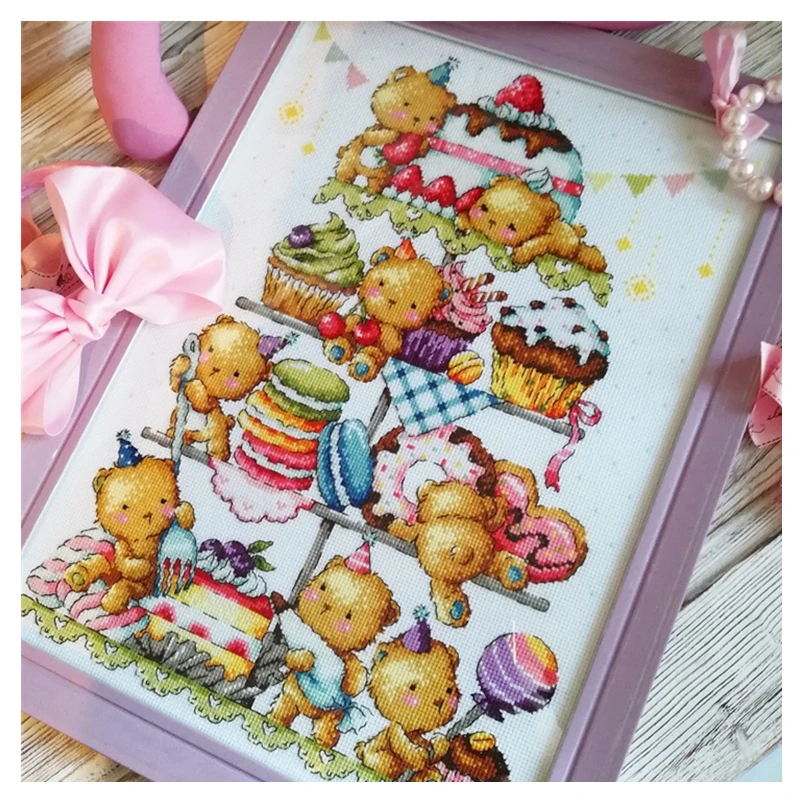 Fare torte punto croce cartoon bear tower 18ct 14ct 11ct tessuto bianco filo di cotone ricamo ricamo fatto a mano fai da te