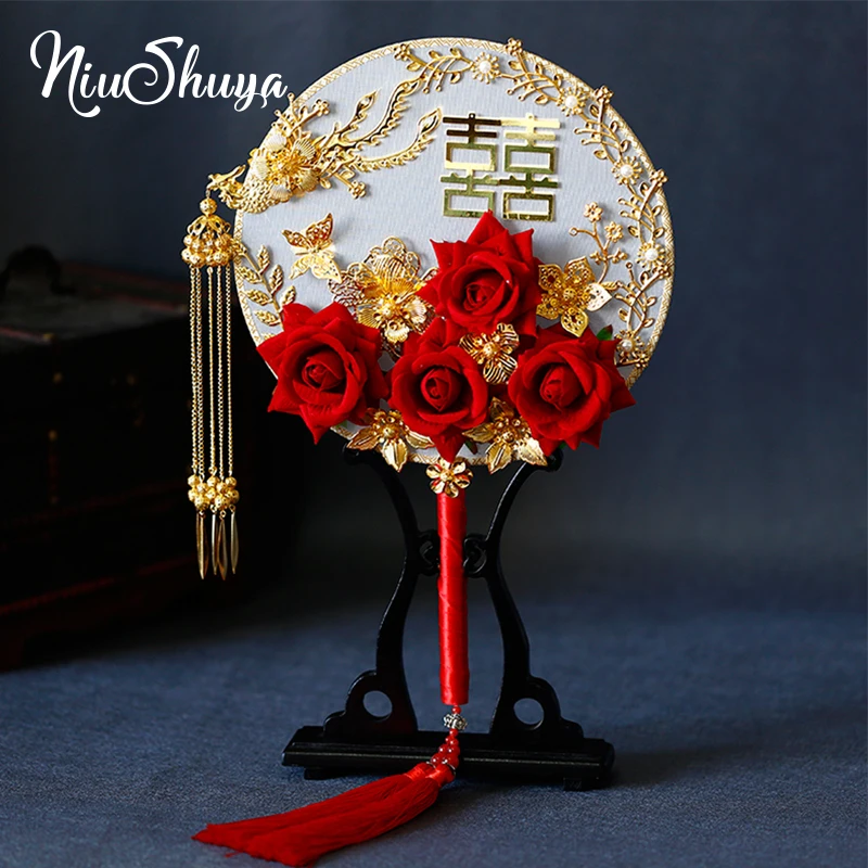 NiuShuya Exquisite Chinese Handmade Fan Wedding 3D Red Roses Double-Sided Hand Fan Gold Phoenix Costume Photography Accessories