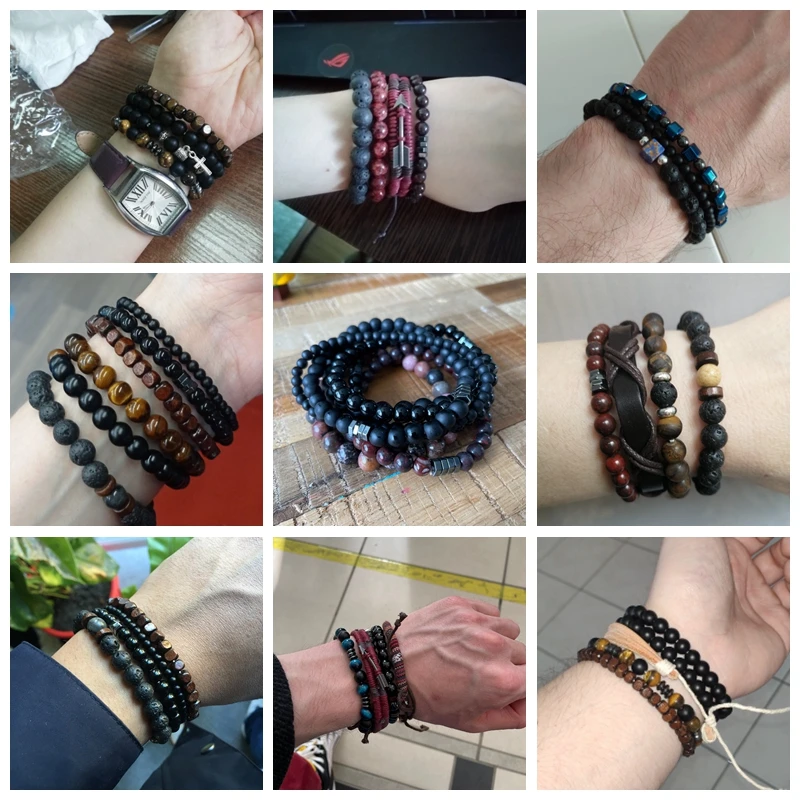 Conjunto de pulseiras de pedra vulcânica para homens, pulseira elástica, proteção de energia, combinação fashion, hip-hop, rede vermelha, vento, joias