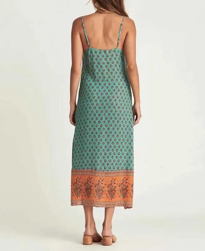 2020 Bohemian strappy long V neck Floral print BOHO Dress Summer Holiday Woman Side Slit Spaghetti Strap Dresses Sling Vestidos