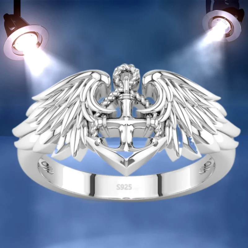 Fashion Income Personality Neutral Anchor Angel Wing Ring Men\'s and Women\'s Wedding Ring Romantic Love Proposal Ring Gift