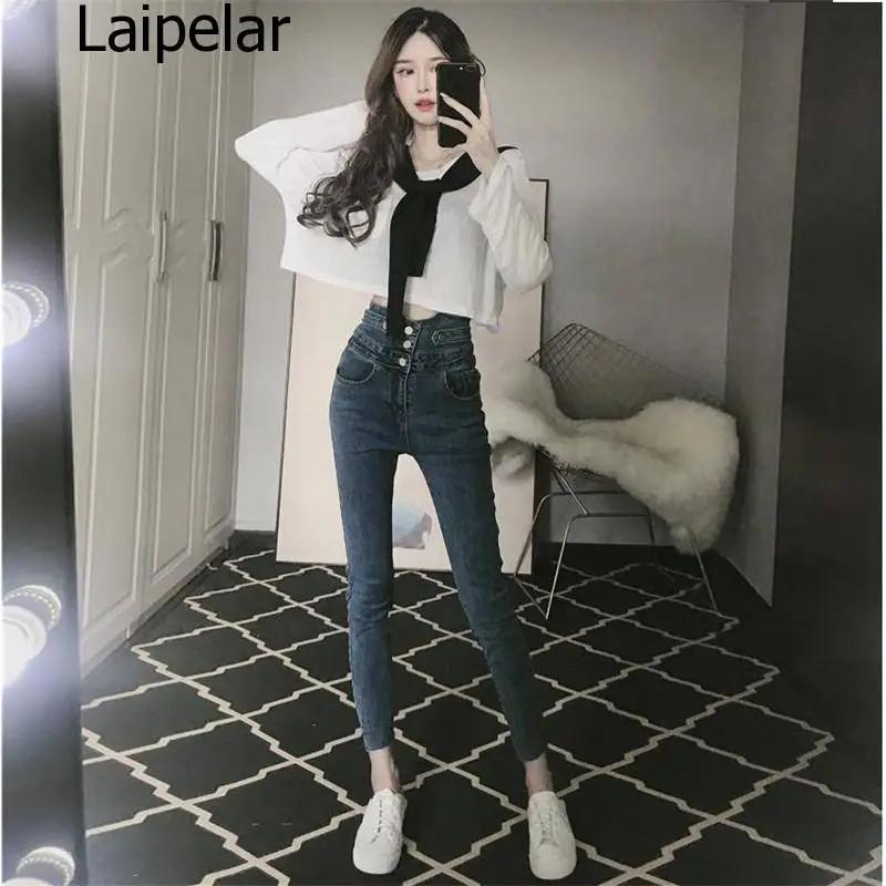 

Women High Waist Elastic Skinny Denim Pencil Pants Mom Jeans Camisa Feminina Ladies Slim Casual Cropped Pants Female Streetwear