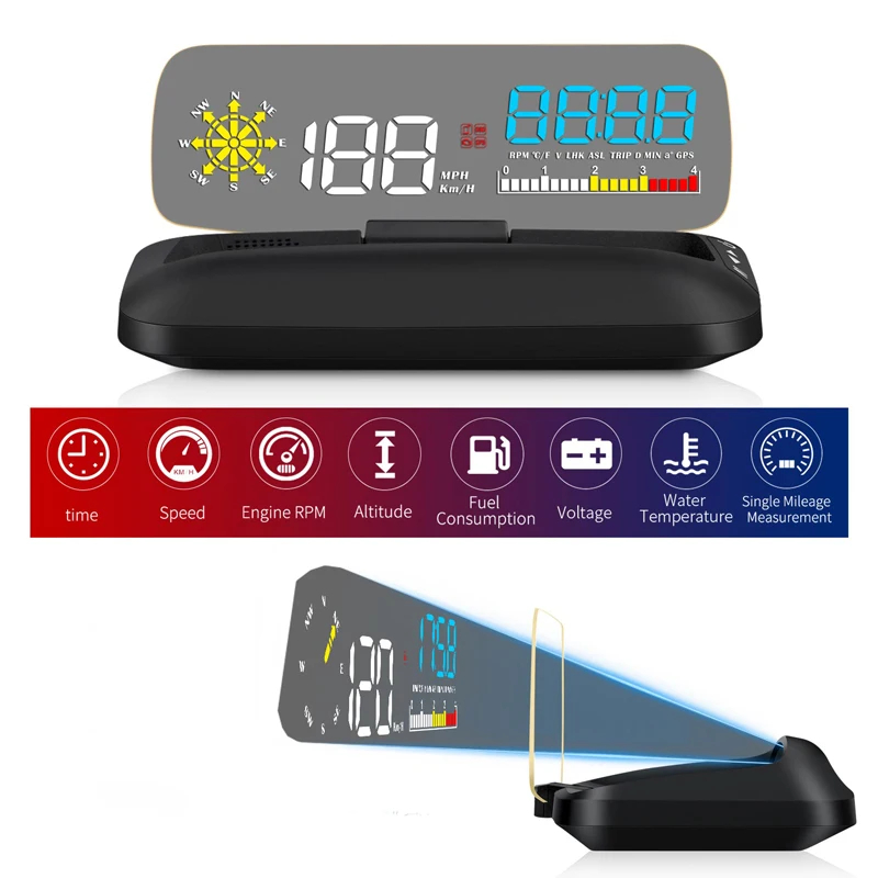 BigBigRoad Navigation HUD Head Up Display OBD2 GPS doppio sistema parabrezza proiettore di velocità allarme di sicurezza Temp. Acqua velocità