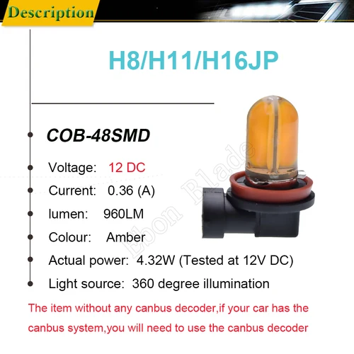 Imagen 2 del producto Bombilla LED antiniebla para coche, luz antiniebla automática de 12V cc, H8, H11, H16, JP, ámbar, amarillo, naranja, carcasa de silicona, COB, 48 SMD, 2 uds.