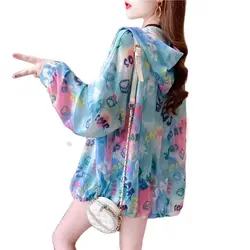 Sun protection clothing women 2023 summer new mid-length ice silk foreign blouse sun protection shirt coat thin Printed jacket