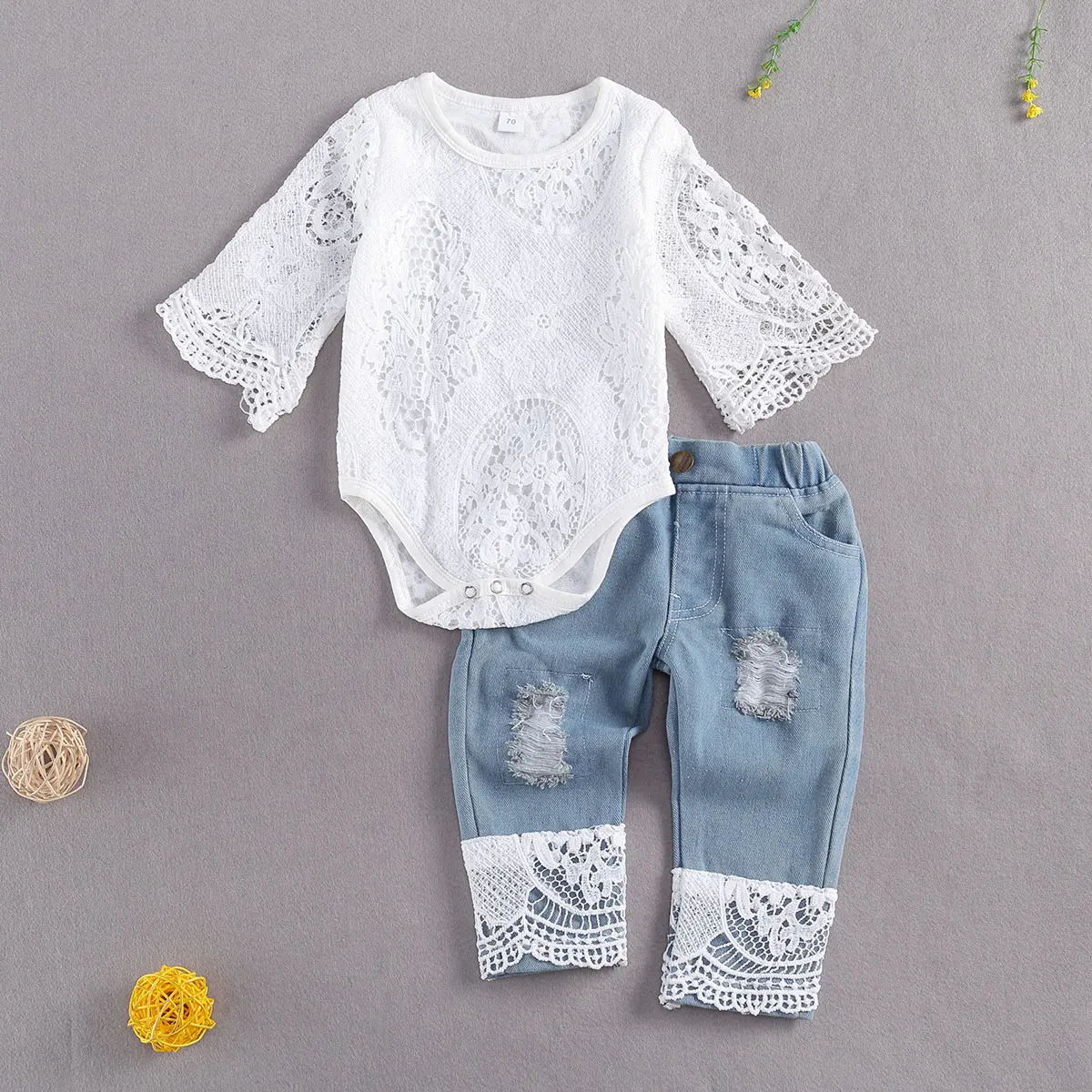 2021 Vip Link Newborn Baby Girls 2020 Autumn Lace Romper Triangle Crotch Round Neck Top Long Jeans Patchwork Pants Outfit Set