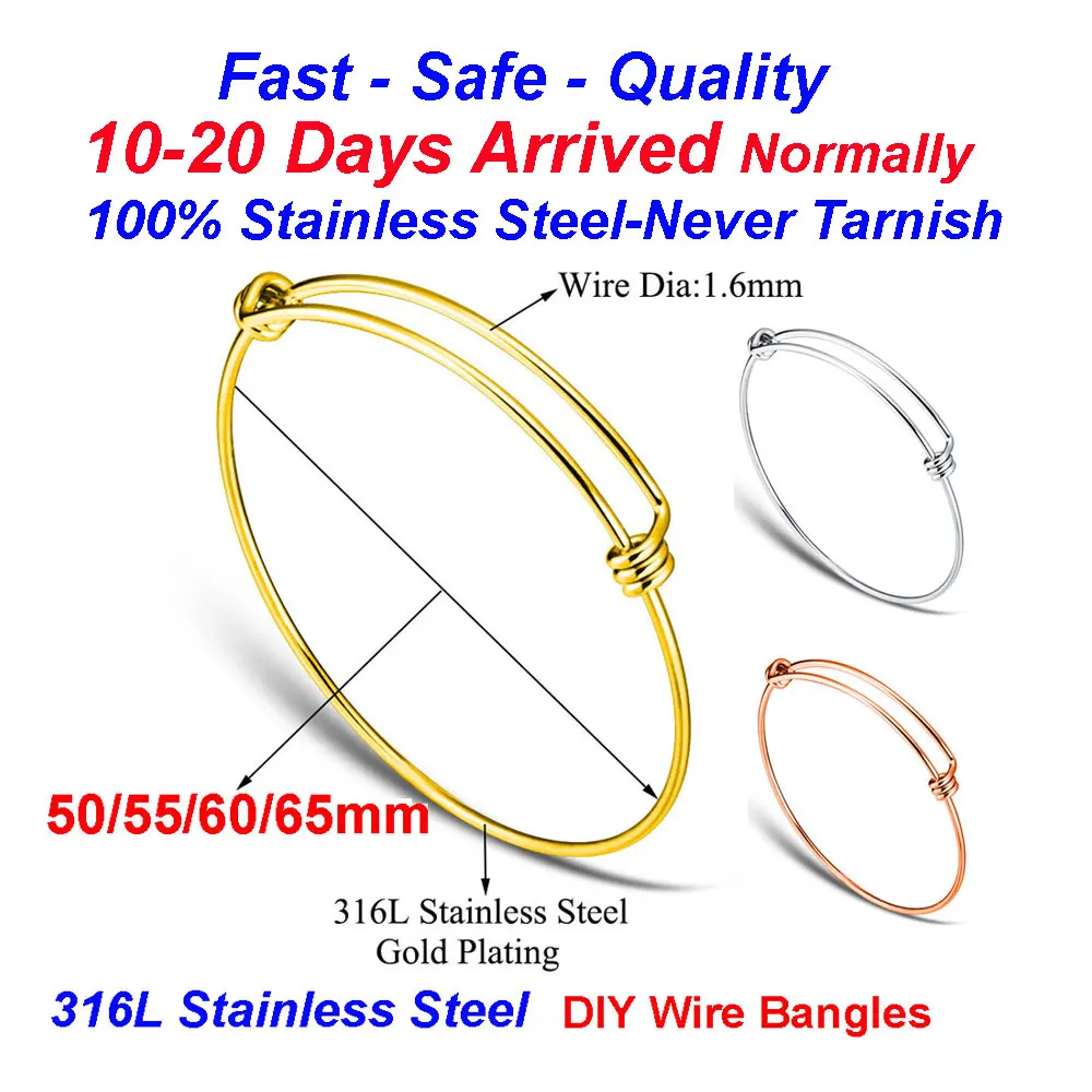 20pcs/lot 316 Stainless Steel DIY Charm Bangle 50-65mm Jewelry Finding Expandable Adjustable Wire Bracelet Wholesale