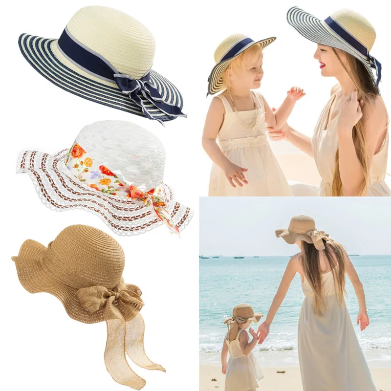 

Kids Girls Summber Beach Sun Hat Wide Brim Straw Panama Hat Parent-child Women Children Sunhat UV Protection For Seaside Holiday