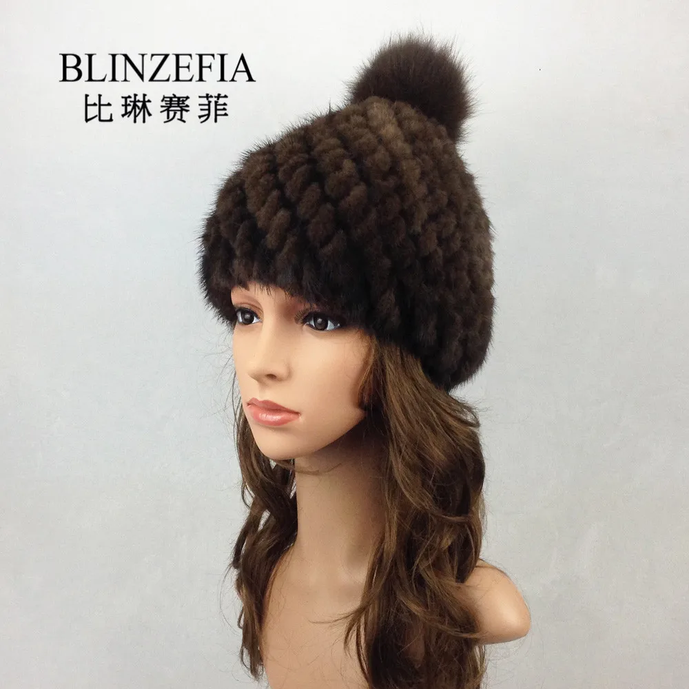 

BLINZEFIA Winter Knitted Real Mink Fur Hats for Women Russian Pineapple Genuine Fox Fur Pompom Beanies Cap Czapka Zimowa BZ6002