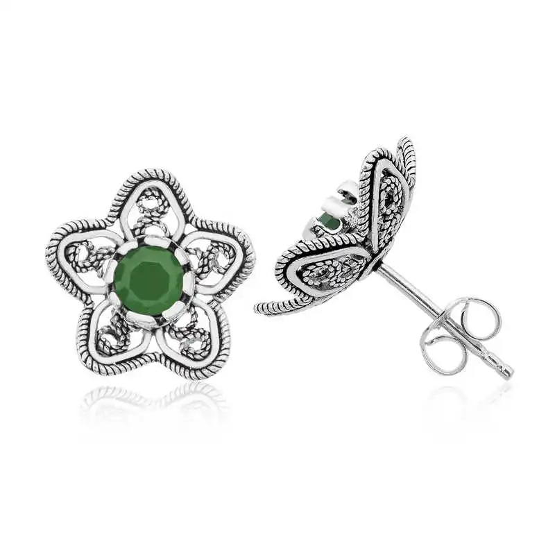 Silver Filigree Green Lotus Flower Stud Earrings 925 Sterling Women for Jewelry Wedding Party Birthday Gift - Box - Fashion - Girl - Special Days