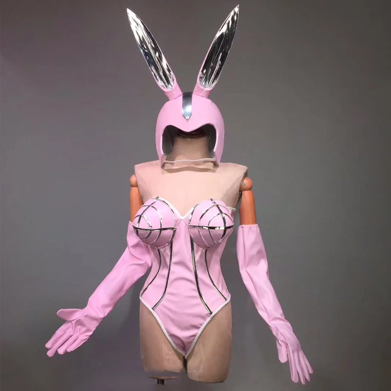 Nightclub Bar DS Female Singer Dance Costume Party Halloween Outfits Rabbit Helmet Bodysuit Stage Performance Costume DWY4093