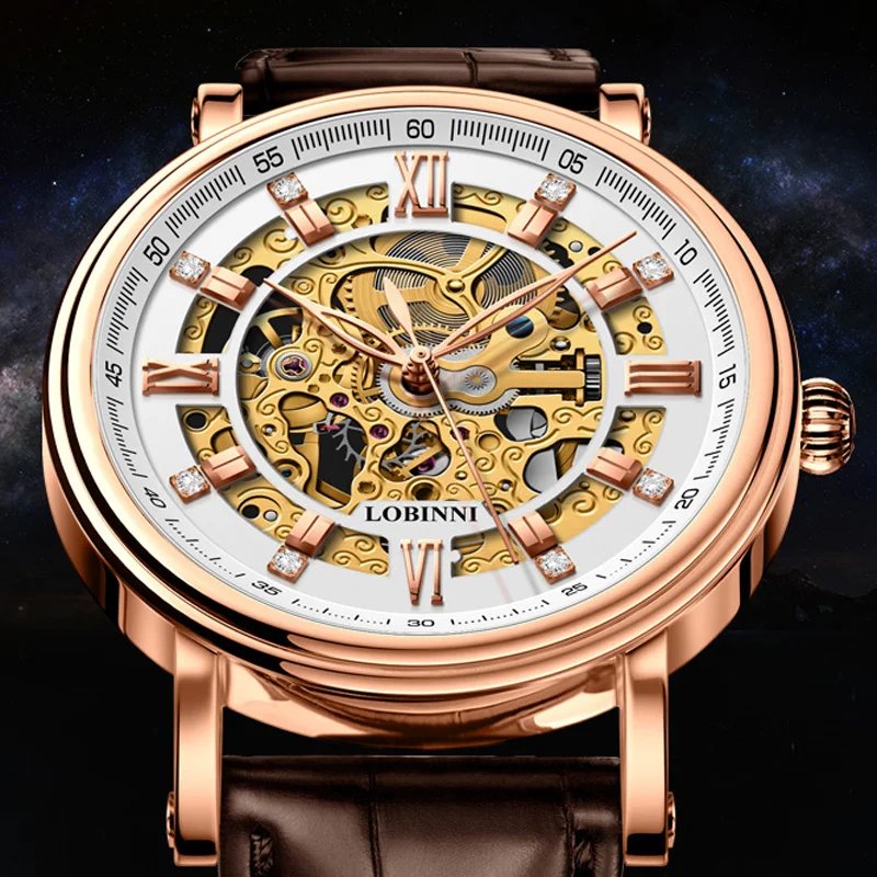 LOBINNI Orologi automatici da uomo d'affari vintage quadrante scheletrato orologi meccanici con cinturino in pelle marrone tono oro rosa