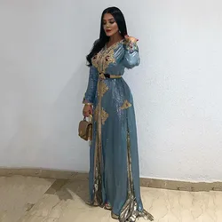 Blue Moroccan Kaftan Caftan Muslim Evening Dresses A-line V-neck Long Sleeves Appliques Dubai Arabic Turkey Abaya Islamic Gown