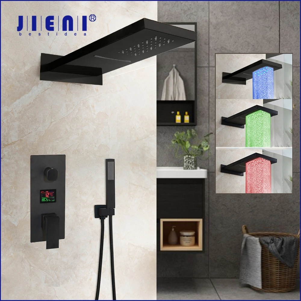 JIENI Chrome Polished Bathroom Shower Faucet Wall Mounted Rainfall Shower Head 3 Functions Digital Display Mixer Shower Set Taps