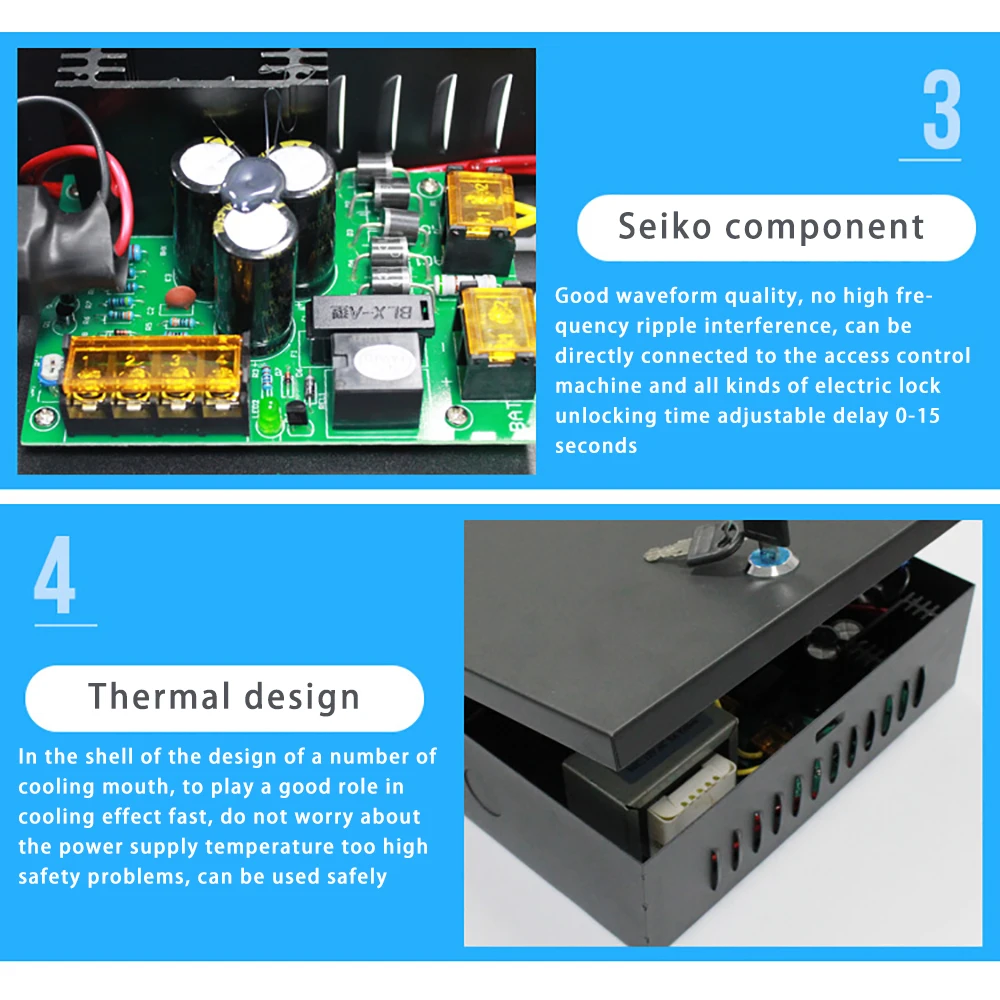 1/2/4 Door Office Entry System TCP/IP Access Control Panel Board with DC12V 5A Metal Power Supply Converter Box