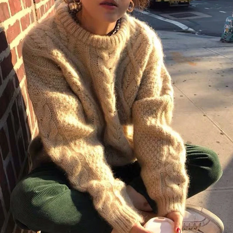 2022 Winter Cute Vintage Thick Twisted Office Lady Tops Loose Apricot Elegant Pullovers Girls High Street Knitted Casual Sweater