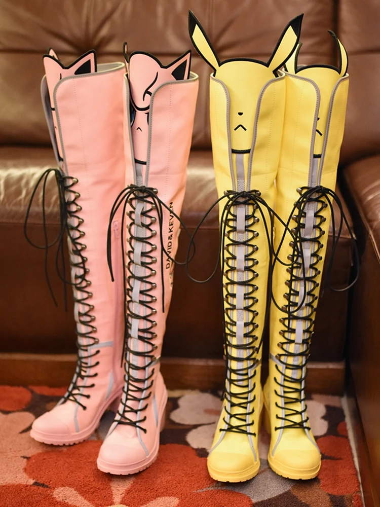 Runway New Chunky Heel  Boots Lace Up Round Toe Cute Carton Painting Women Girls Shoes Sweety Autumn Over the Knee Boots