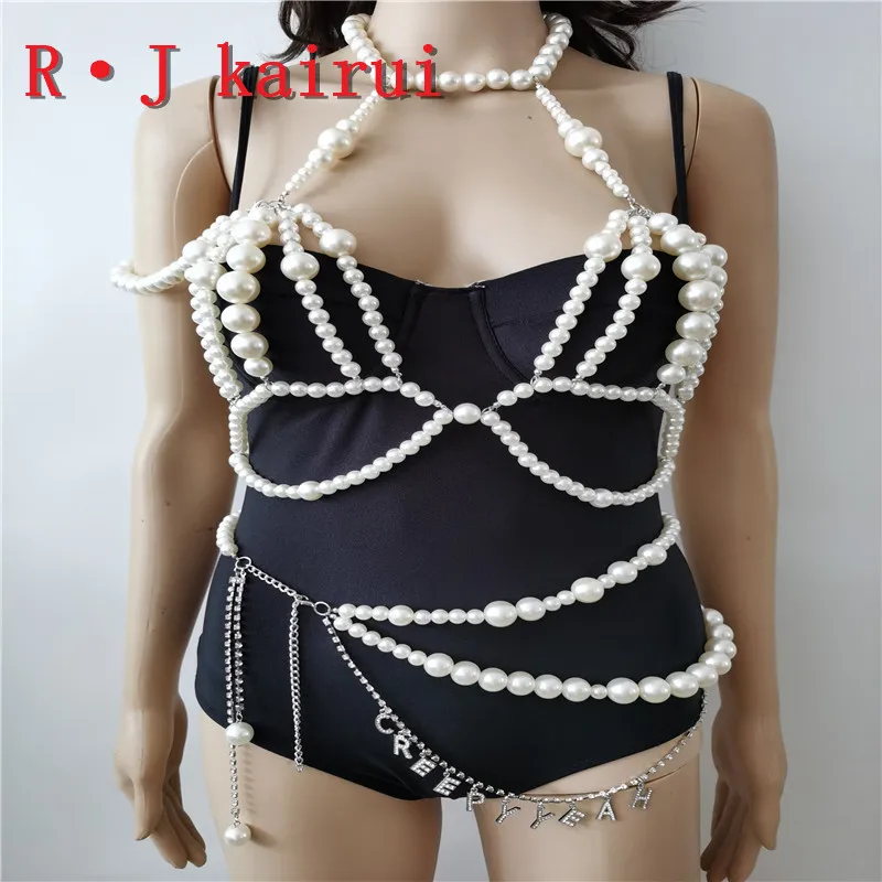 

New RJPE23 Asymmetrical Imitation Pearls Neck Bra Body Jewelry Unique Rhinestone Numbers Belly Chains Top Pearls Costume Jewelry