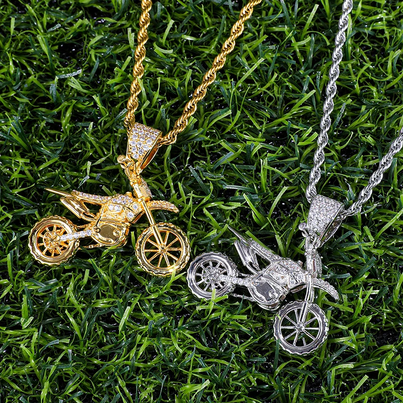 HIP Hop Full AAA Iced Out Bling CZ Cubic Zircon Copper Cool Motorcycle Pendants & Necklaces For Men Jewelry Wholesale