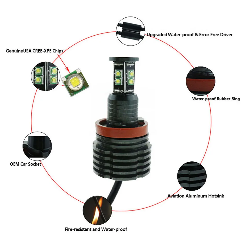 2X 80W H8 Error Free LED Angel Eyes Light Headlight Lamp Halo Bright Fog Light Bulbs For BMW E90 E92 E82 E60 E70 E71 X5 X6