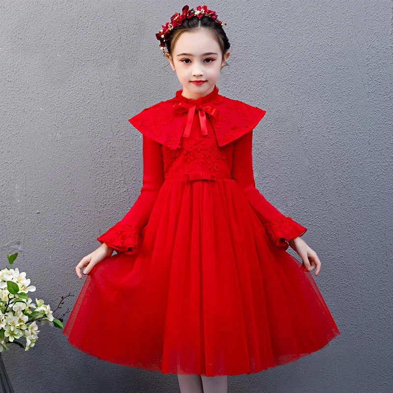 

Flower Girl Dresses for Weddings High Collar Full Sleeves Kids Party Communion Gowns Lace Princess Dress